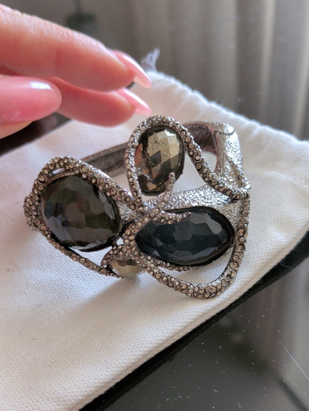 tba Silver-Tone Cuff Bracelet with Smoky Black and Gray Faceted Stones